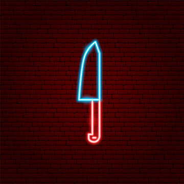 Chef Knife Cutlery Neon Sign. Glowing Icon. Vector Illustration of Kitchen Utensil and Menu Object.