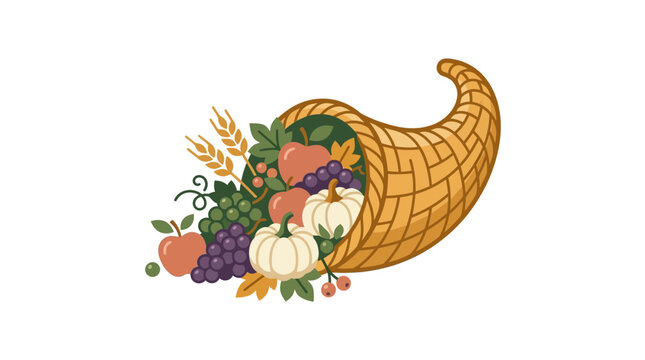 Vector illustration of a cornucopia horn of plenty filled with autumn harvest fruits vegetables pumpkins and wheat for Thanksgiving