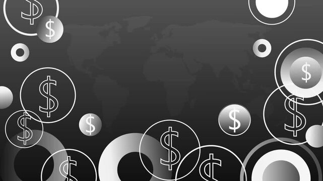 Abstract dark financial background with dollar signs in circles and a world map pattern animation