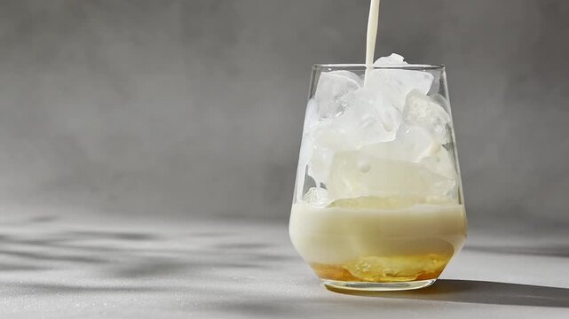 Oat milk pours over ice in glass to prepare iced hojicha latte, creating creamy base for chilled Japanese roasted tea drink.