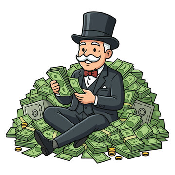 Rich Monopoly Businessman Sitting on Pile of Money Cash Vector