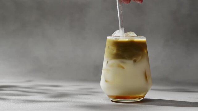 Hand stirs iced hojicha latte in glass, blending roasted tea with oat milk and ice into smooth cold drink in soft sunlight.