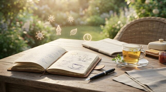 Peaceful morning routine with an open journal, herbal tea, and newspaper on a wooden garden table under warm sunlight