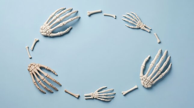 Human skeleton hands and bones frame on blue background for Halloween medical poster banner layout