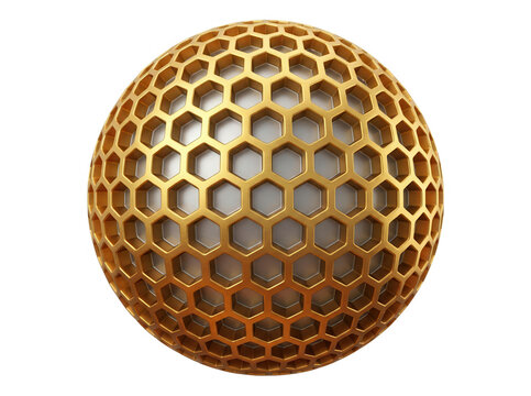 Złota kula z geometrycznym wzorem plastra miodu na białym tle, tr&oacute;jwymiarowa abstrakcyjna ilustracja z metaliczną teksturą i nowoczesnym designem, idealna do projekt&oacute;w technologicznych i naukowych.