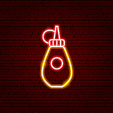 Mustard Bottle Neon Sign. Glowing Icon. Vector Illustration of Savory Packaging and Cafe Concept Object.