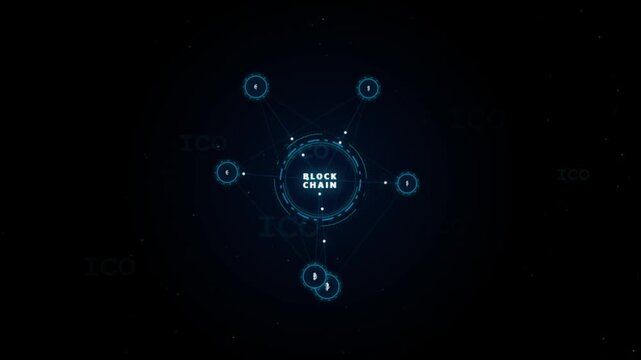 Blockchain network connection hud animation with ico nodes and digital data flow cryptocurrency technology