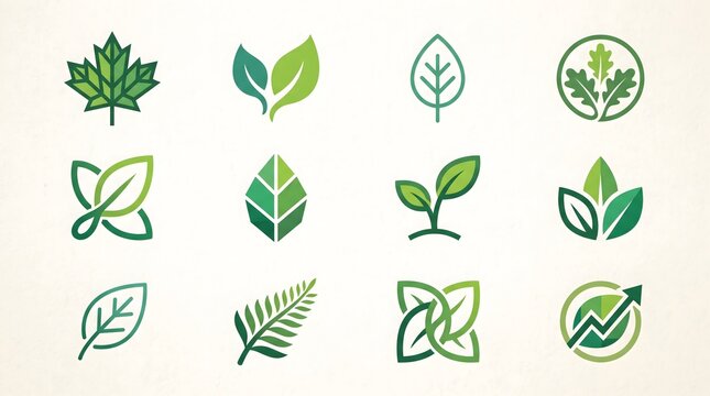 Set of flat green leaf icons and environmental logos isolated on a light background.