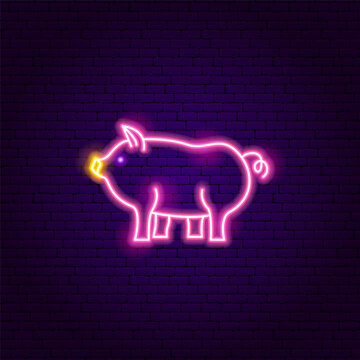 Pink Pig Neon Sign. Glowing Icon. Pork Meat. Vector Illustration of Country Farm Animal and Food Grill BBQ Concept Object.