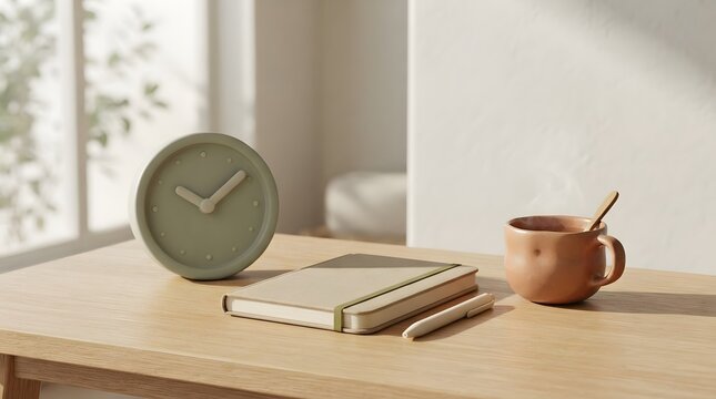 Minimalist morning workspace with a clock, notebook, pen, and steaming cup of coffee on a wooden desk in soft sunlight