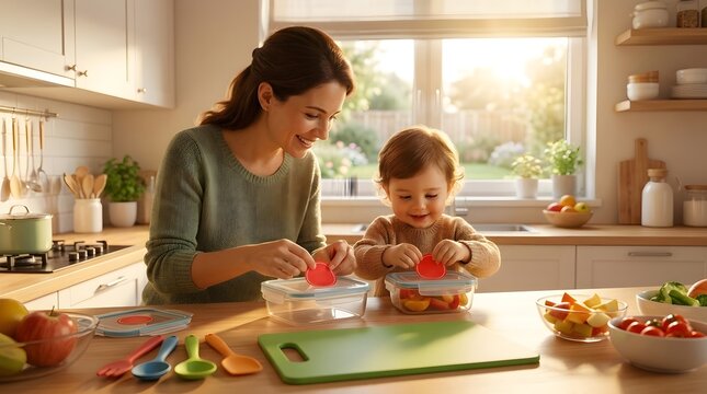 A happy mother and her young toddler child preparing healthy lunch boxes together in a bright, sunlit modern kitchen.