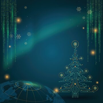 Futuristic Christmas tree circuit board design with glowing binary code and snowflakes on a dark