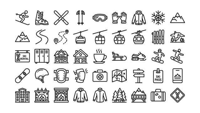 Outline icons for winter sports adventures featuring skiing snowboarding mountains and resort elements
