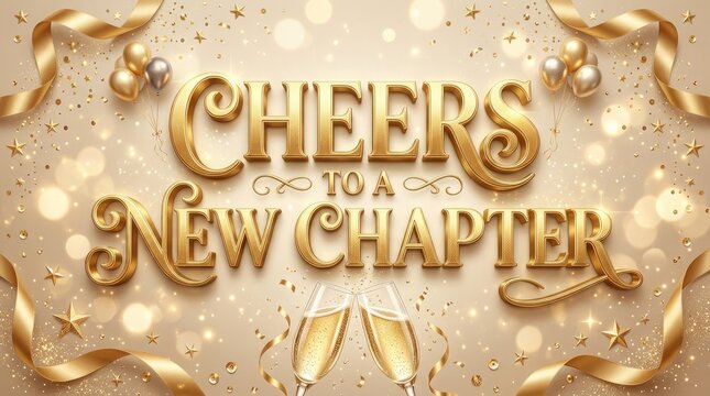 Golden cheers to a new chapter celebration with champagne flutes and confetti