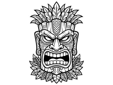 Tribal Warrior Mask Tiki Style Black And White Illustration.