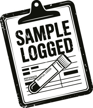 Sample logged clipboard displays a clinical test tube icon on a document form to represent the systematic verification and laboratory tracking of biological specimens in medical research environments.