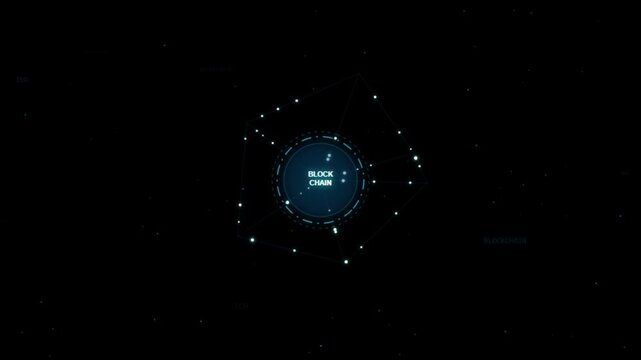 Blockchain technology network hud animation: digital decentralized finance and cyber security concept