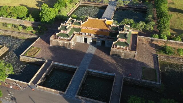 Aerial drone view of Hue Imperial Citadel featuring Ngo Mon Gate, Thai Hoa Palace and Kien Trung Palace, showcasing Vietnam's UNESCO royal heritage, ancient architecture and cultural landmark.