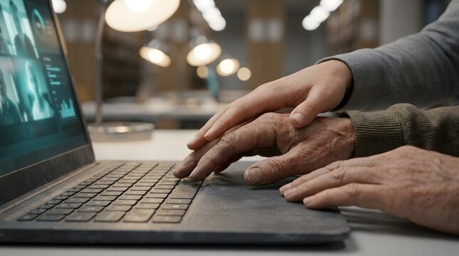Close up of a young mentor guiding an elderly person's hands on a laptop keyboard for digital literacy training in a library.