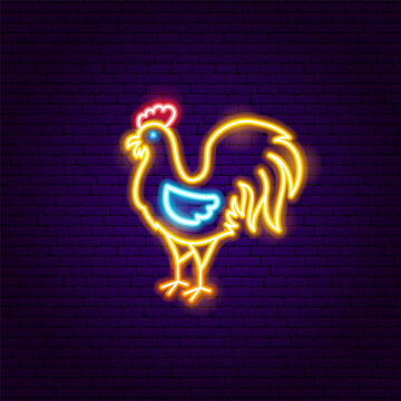 Rooster Neon Sign. Chicken Bird Glowing Icon. Vector Illustration of Country Farm Animal and Food Grill BBQ Concept Object.