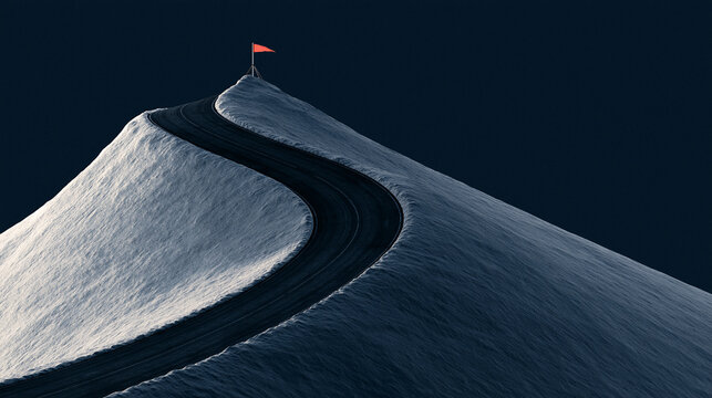 A winding road leads to a snowy mountain peak with a red flag. Metaphor for achieving goals, business success, and overcoming challenges.