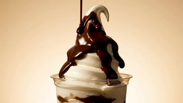 Irresistible Chocolate Sundae Cup Topped With Soft Serve And Drizzled Chocolate Sauce On Pale Cream Background