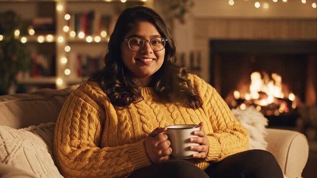 Content young woman enjoying a warm drink from a mug while relaxing on a comfortable sofa in front of a cozy fireplace, feeling peaceful and happy during a festive holiday evening at home