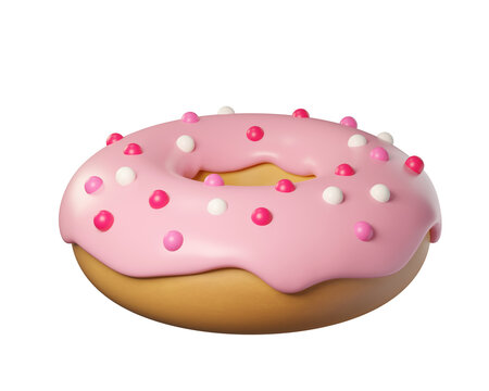 3d Pink frosted Donut isolated. With sprinkles and glossy glaze. Perfect for bakery, cafe, dessert, pastry and party. 3d render
