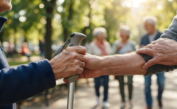 Close up of senior hands holding a walking pole and providing support while walking together in a sunny park with friends