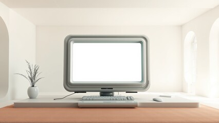 Fototapeta premium Minimalist setup. Computer, keyboard, mouse on platform. Light walls, arched windows create calm space. Simple plant adds touch.