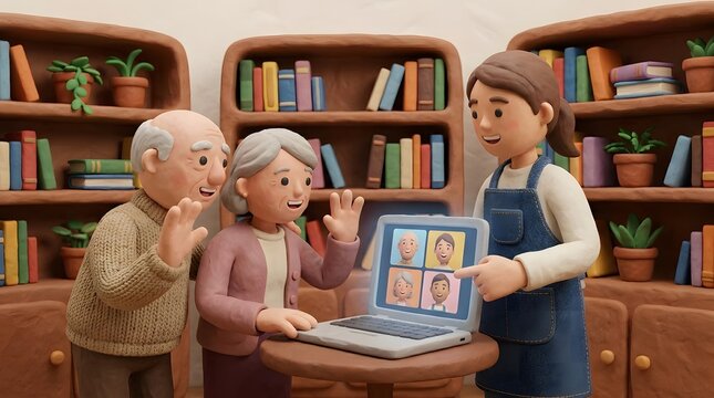 Senior couple learning digital technology and video calling on a laptop with assistance from a young teacher in a cozy library.