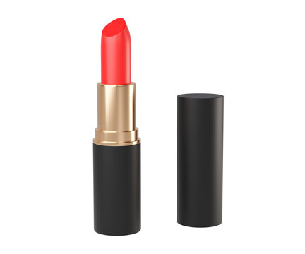 3D Red Lipstick with Gold Tube. Luxury Beauty product isolated on background. Premium makeup ideal for cosmetics, fashion. 3d render
