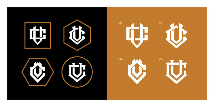 Set of vintage varsity style monograms featuring initials UC on gold and black background.