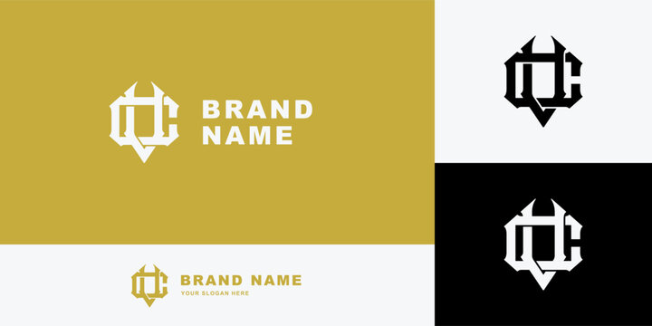 Minimalist monogram logo design of letters QC for brand identity on yellow and black background