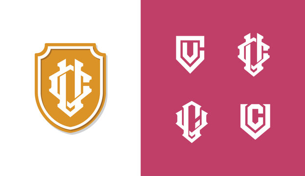 Set of vintage athletic monogram logos featuring interlocking letters CV inside shield emblems