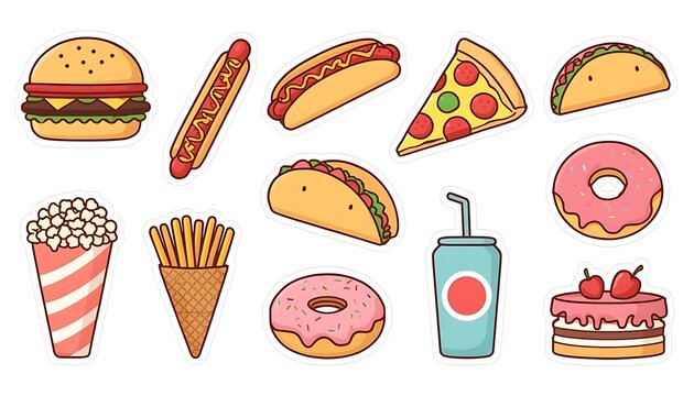 Set of cute hand drawn fast food icons for children menu or restaurant design.