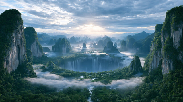 enormous natural sinkhole opening deep into the earth, vertical limestone cliffs covered with lush vegetation, mysterious mist rising from the bottom.