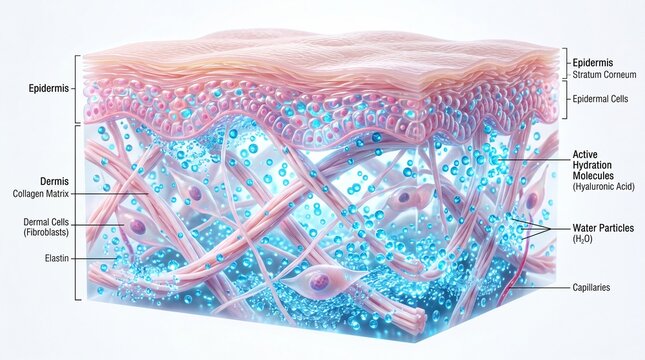 Cross section of human skin showing epidermis dermis collagen matrix elastin fibroblast cells capillaries water particles and hyaluronic acid molecules for deep hydration