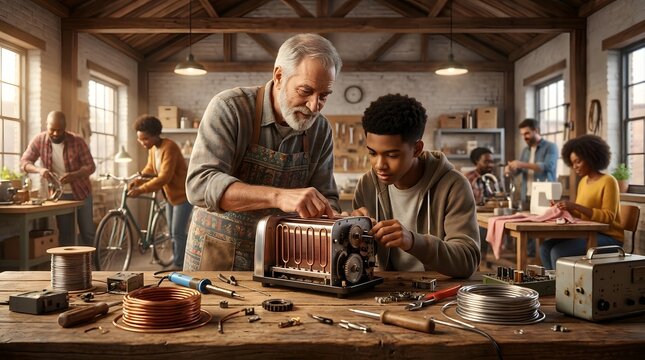 Senior volunteer mentor teaching a young man appliance repair skills in a busy community workshop with diverse people working together