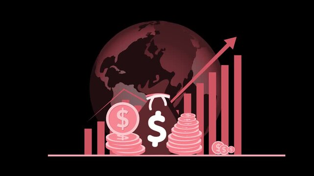 Global finance growth and profit, Money bag in front of a world globe with rising bars and an upward arrow animation