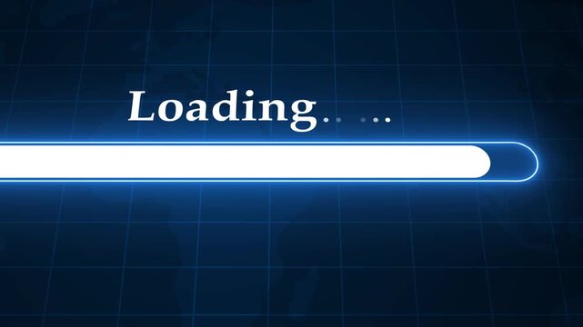 Glowing loading bar with progress indicator and text waiting startup and data transfer concept animation