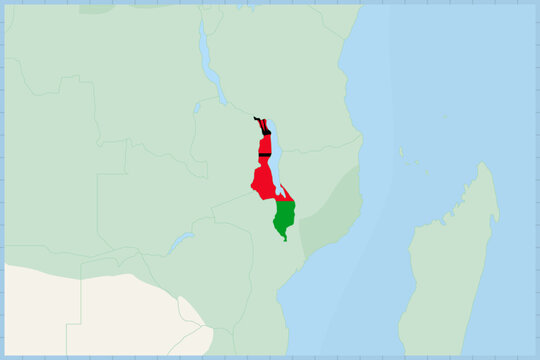 Malawi Map with National Flag Overlay.