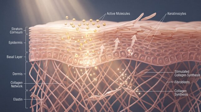 Cross section of human skin showing stratum corneum epidermis basal layer dermis collagen network elastin keratinocytes fibroblasts and active molecules penetrating to stimulate collagen synthesis