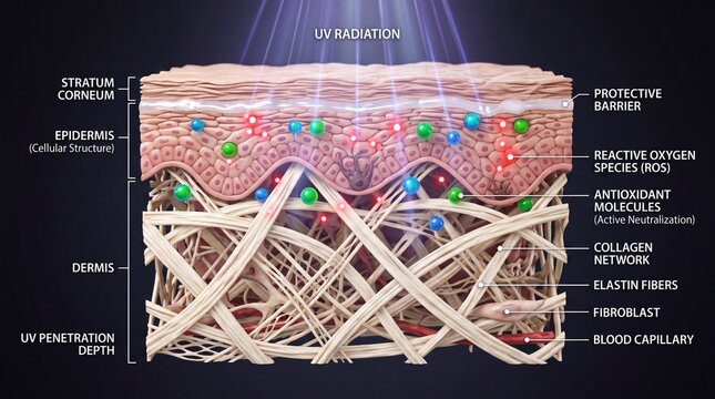 Cross section of human skin showing UV radiation effects protective barrier reactive oxygen species antioxidant molecules collagen network elastin fibers fibroblast and blood capillary