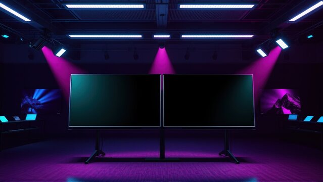 Dark room features two large monitors, illuminated by vibrant pink, blue spotlights. Minimalist setup suggests modern technology display space.