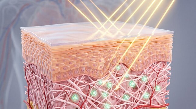 Protective skin layer illustration showing UV protection, antioxidant defense, and healthy tissue structure with glowing particles, collagen fibers, and blood vessels, promoting skin health