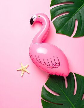 A bright pink inflatable flamingo floats on a pastel pink background with lush green monstera leaves and a starfish.