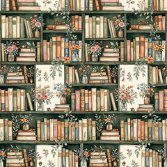 Watercolor seamless pattern with dark green bookshelves, books, flowers, and climbing vines on white background