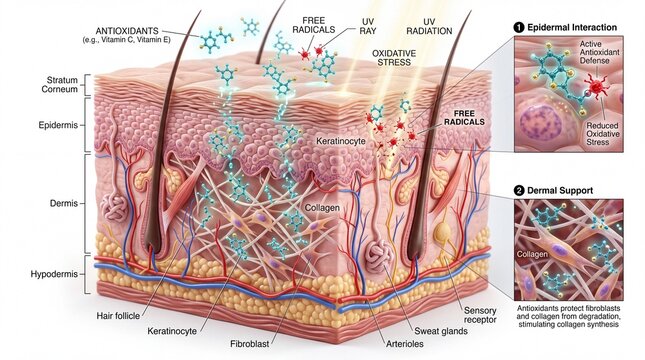 Cross section of human skin showing epidermis dermis and hypodermis layers with antioxidants free radicals UV rays collagen and fibroblasts highlighting oxidative stress and skin aging