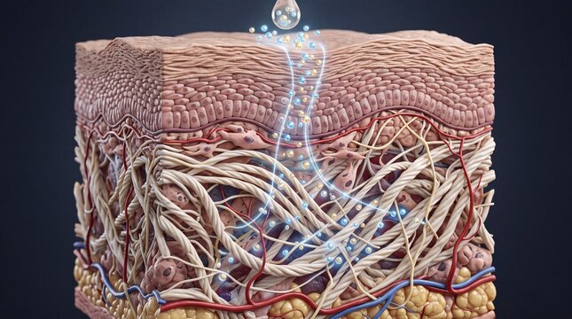 Skin cross section showing hydration collagen fiber elastin epidermis dermis subcutaneous layer moisture absorption and vitamin C brightening effect promoting healthy glowing skin